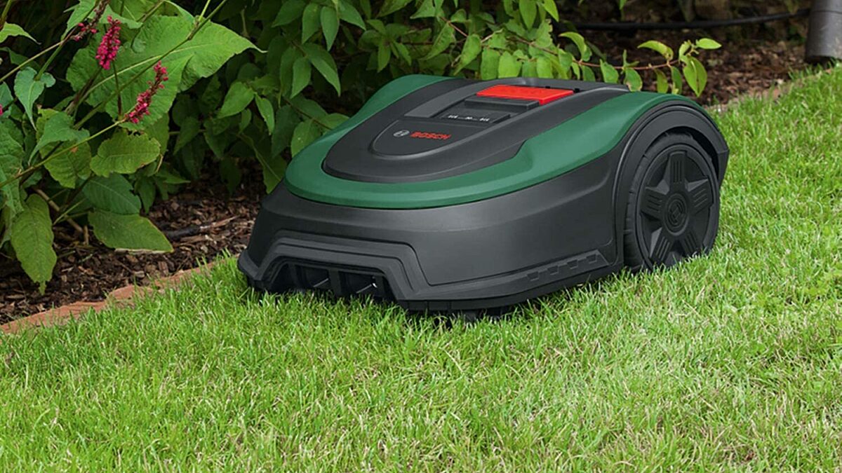 Mähroboter auf dem Rasen.